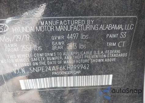 2019 Hyundai Sonata Se z USA, uszkodzony, nr VIN 5NPE24AF6KH799962